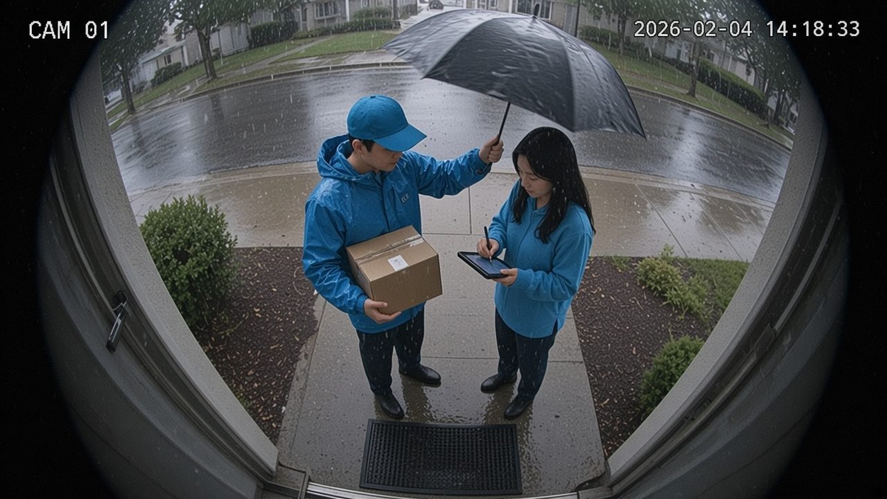Livreur tenant un parapluie au-dessus d'une cliente pendant qu'elle signe la réception d'un colis sous la pluie