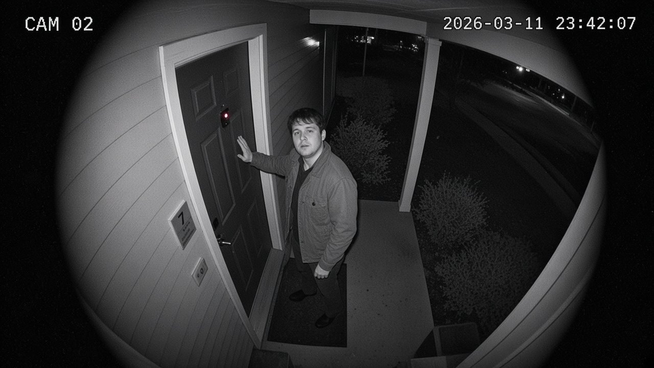 Visiteur hésitant devant une porte d'entrée la nuit, repéré par une caméra de surveillance
