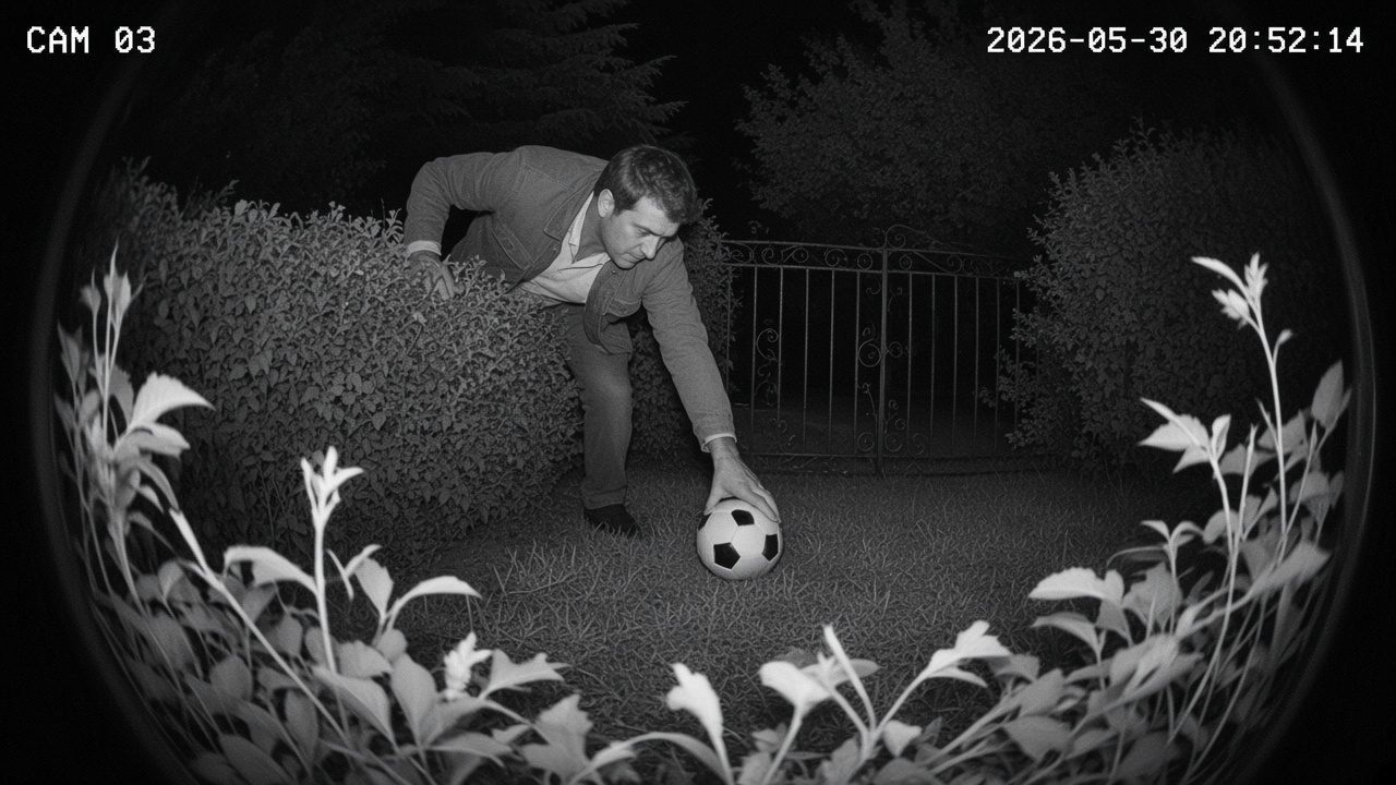 Voisin penché au-dessus d'une haie de jardin au crépuscule pour récupérer un ballon d'enfant